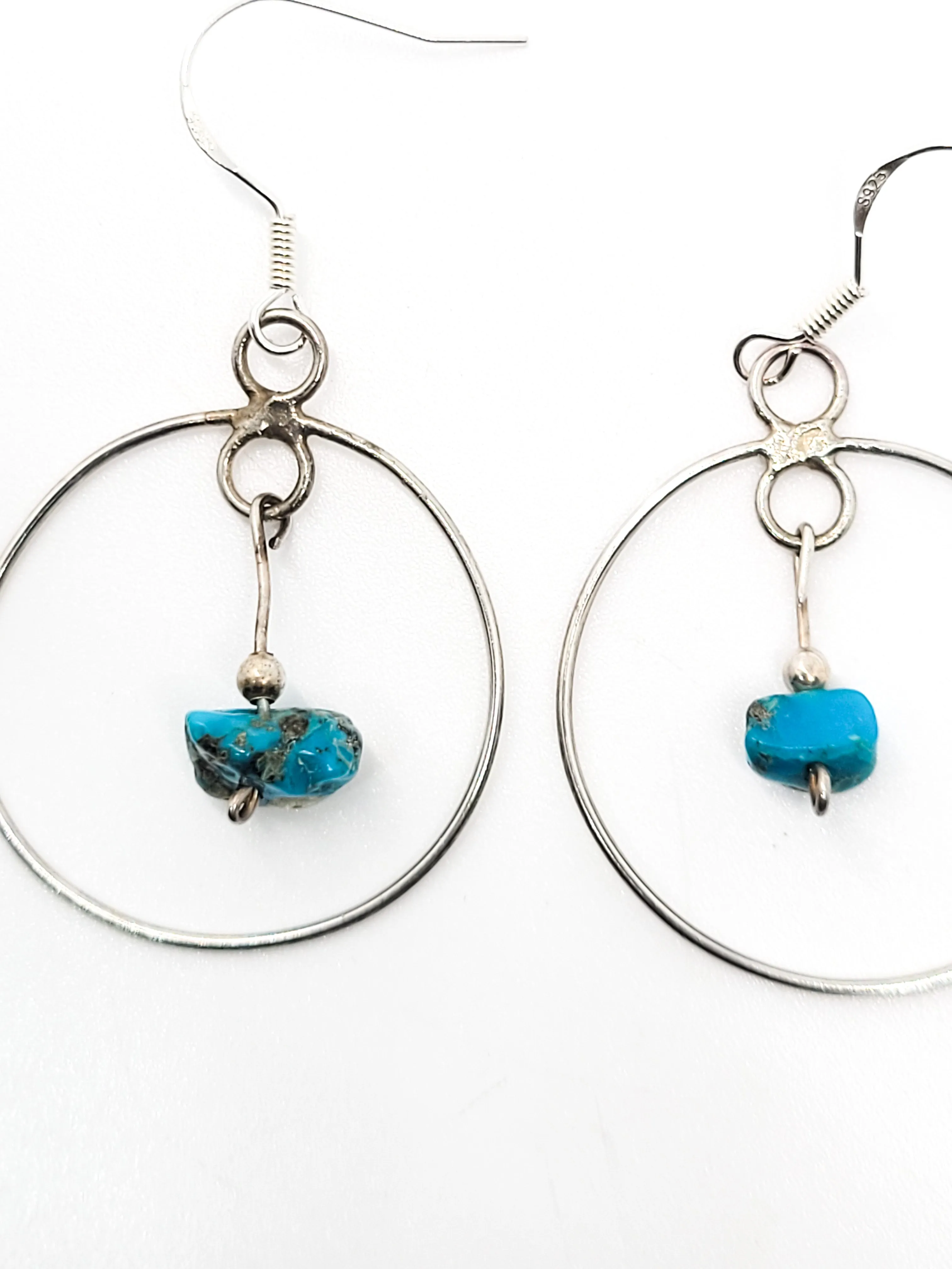 Rough turquoise gemstone sterling silver vintage hoop drop dangle earrings 925