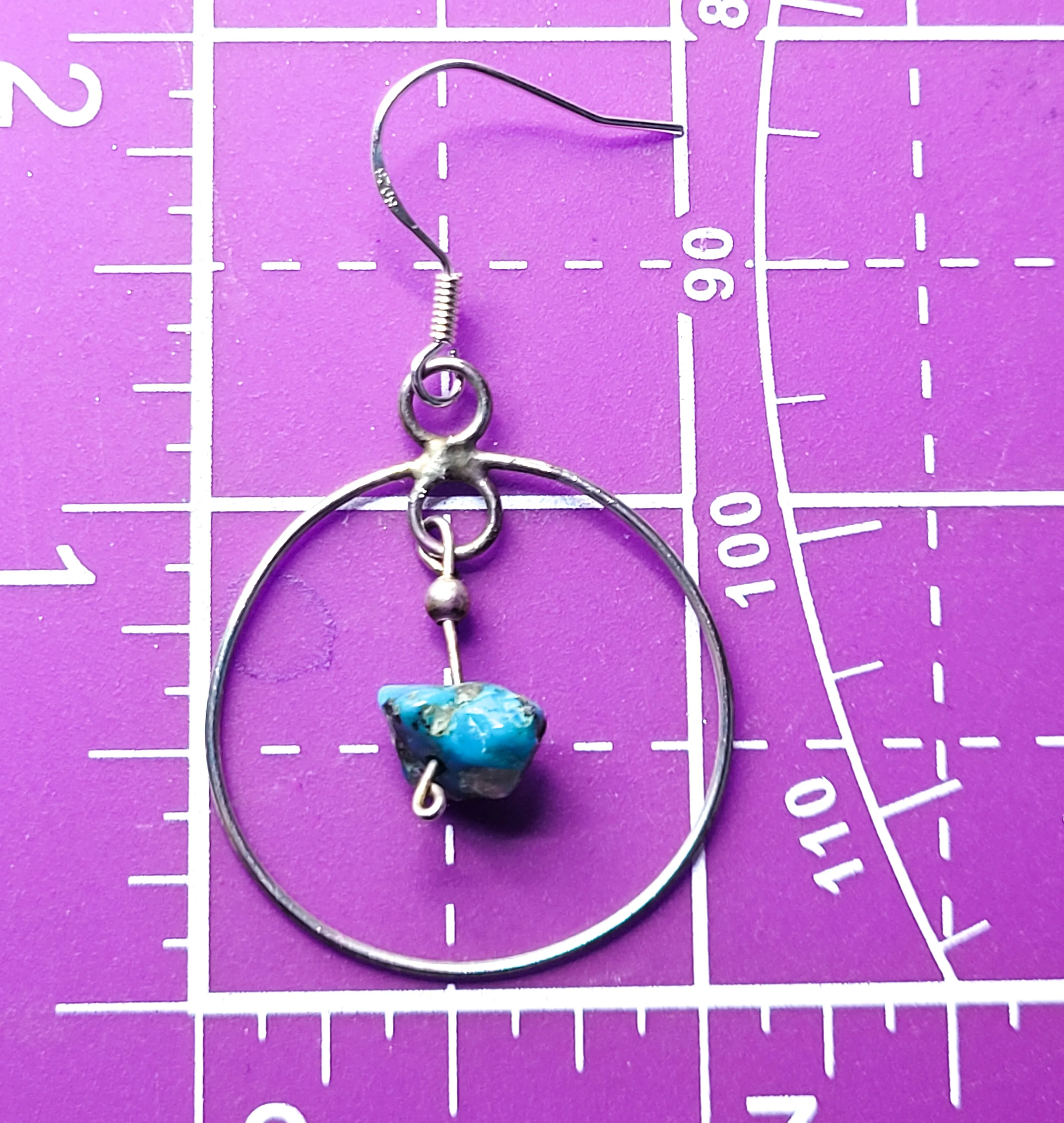 Rough turquoise gemstone sterling silver vintage hoop drop dangle earrings 925
