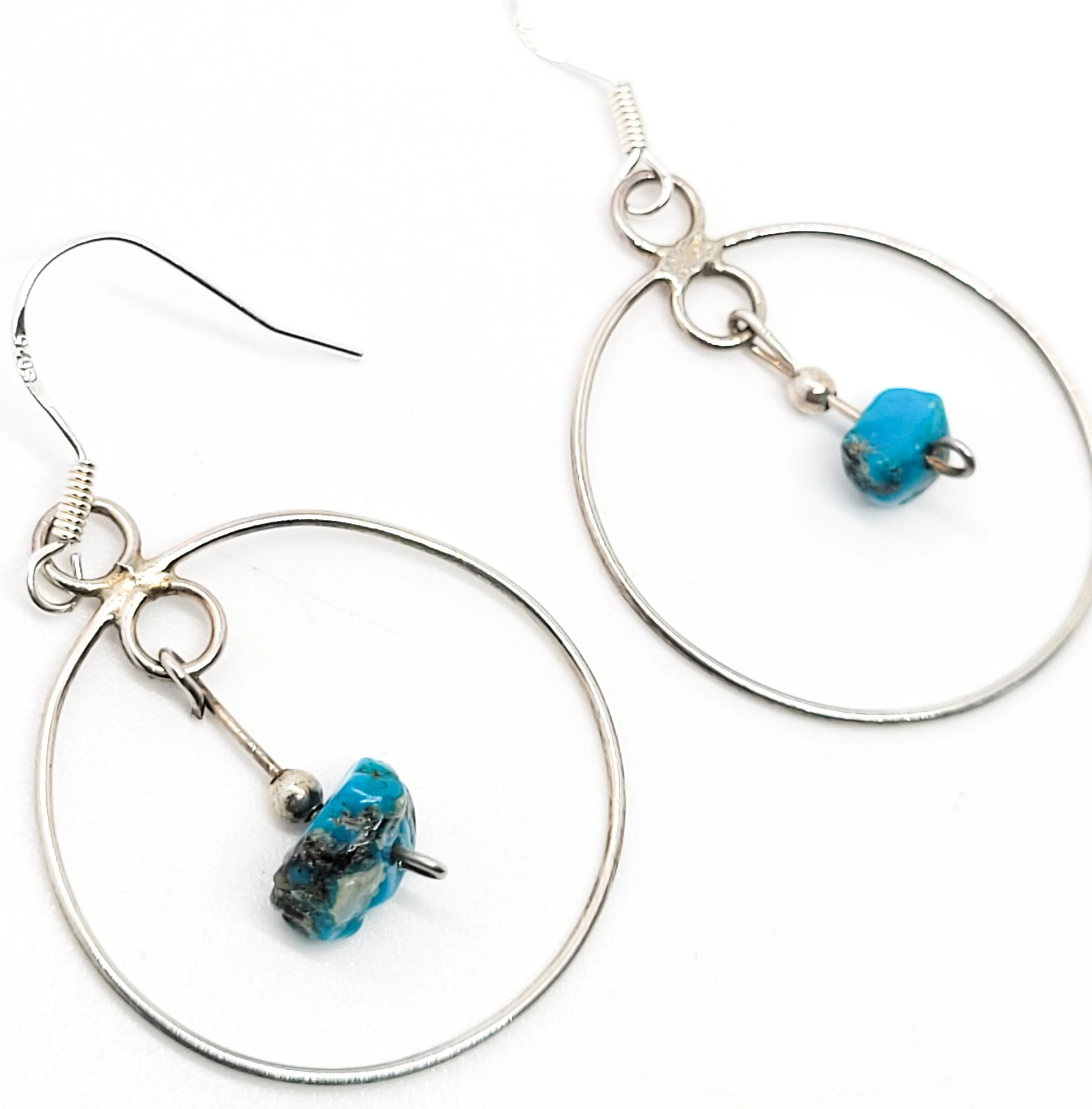 Rough turquoise gemstone sterling silver vintage hoop drop dangle earrings 925