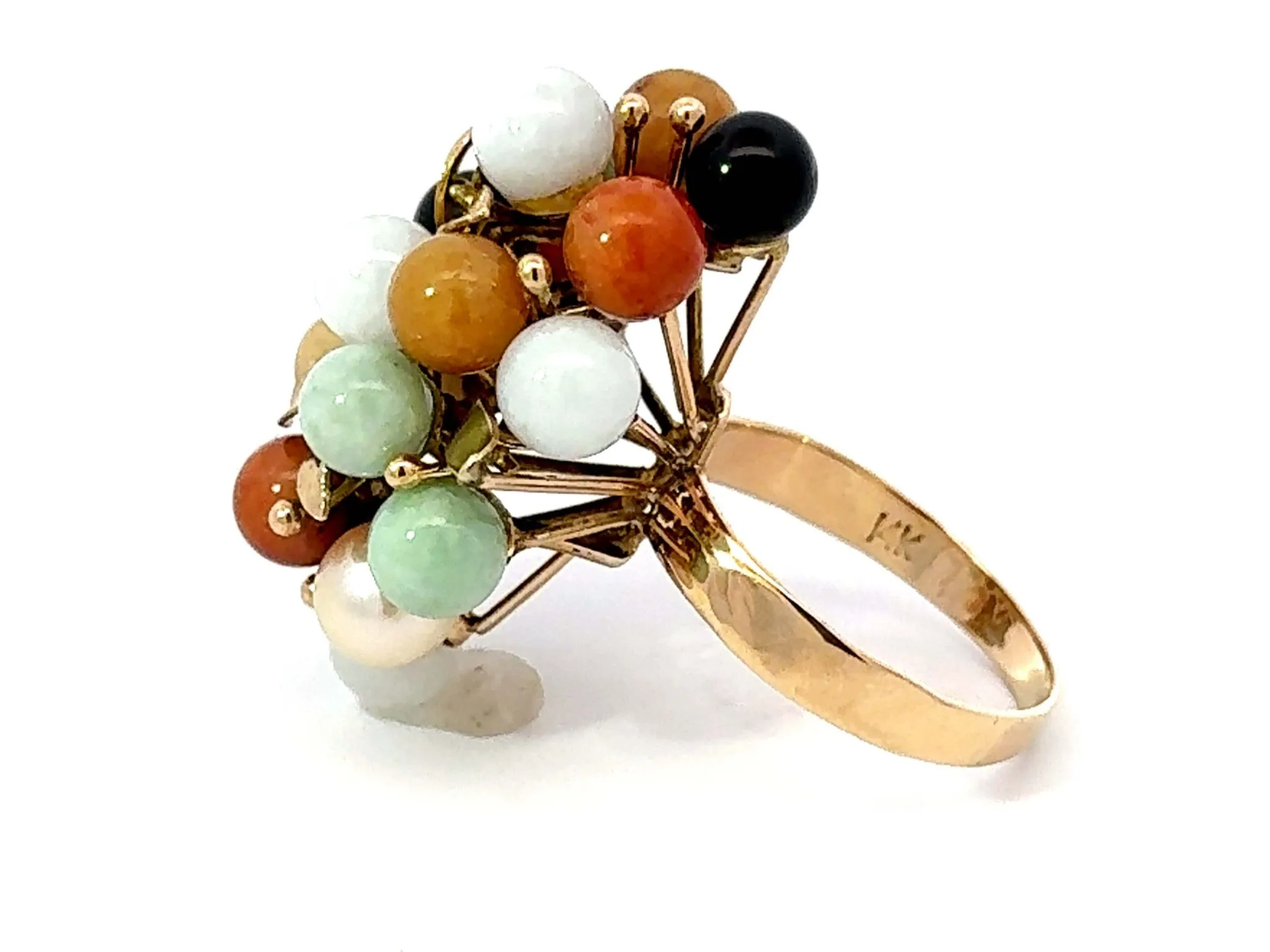 Round Multi Colored Jade Ring 14K Yellow Gold