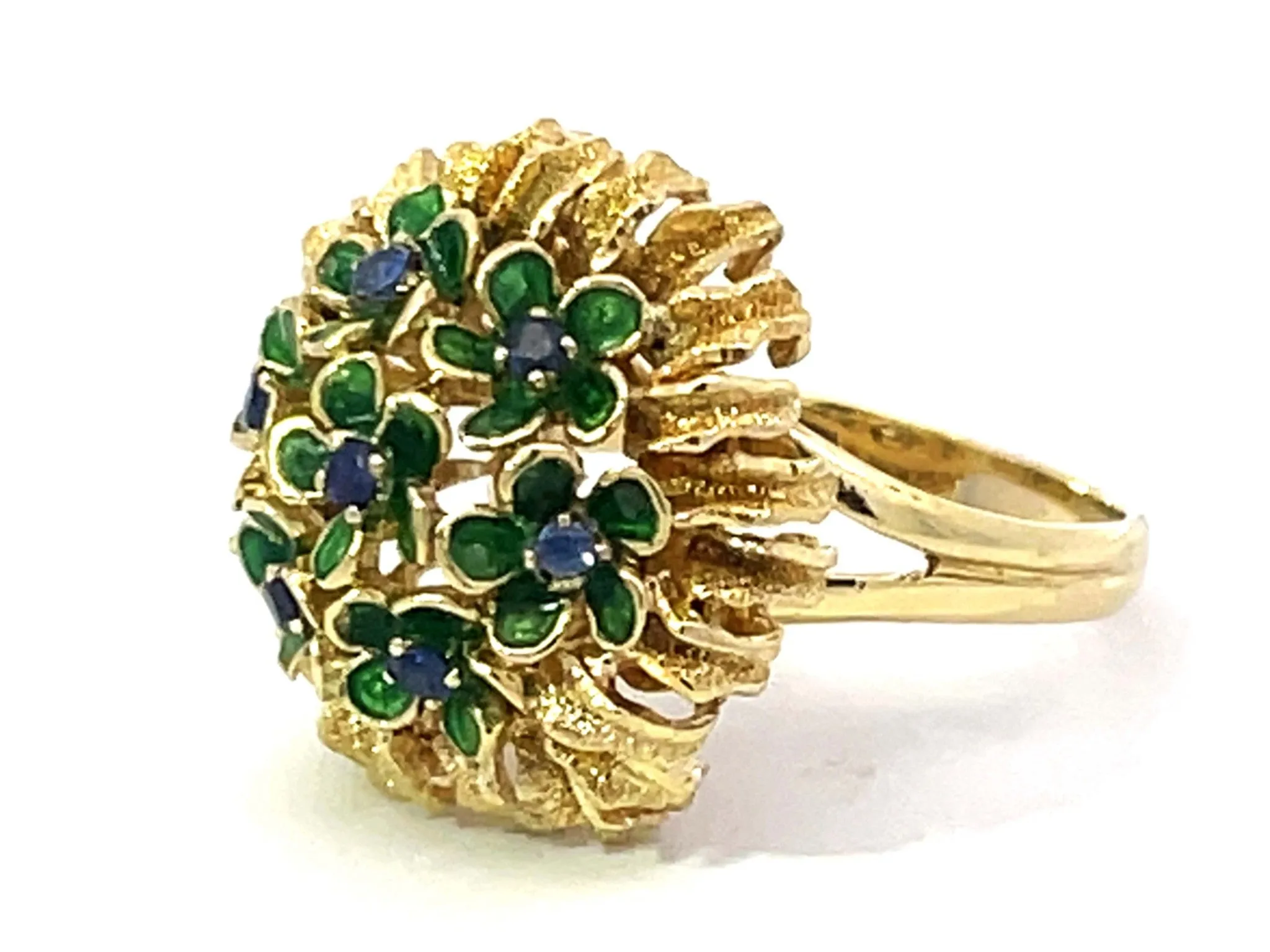 Sapphire Green Enamel Flowers Flower Ring Solid 18k Yellow Gold