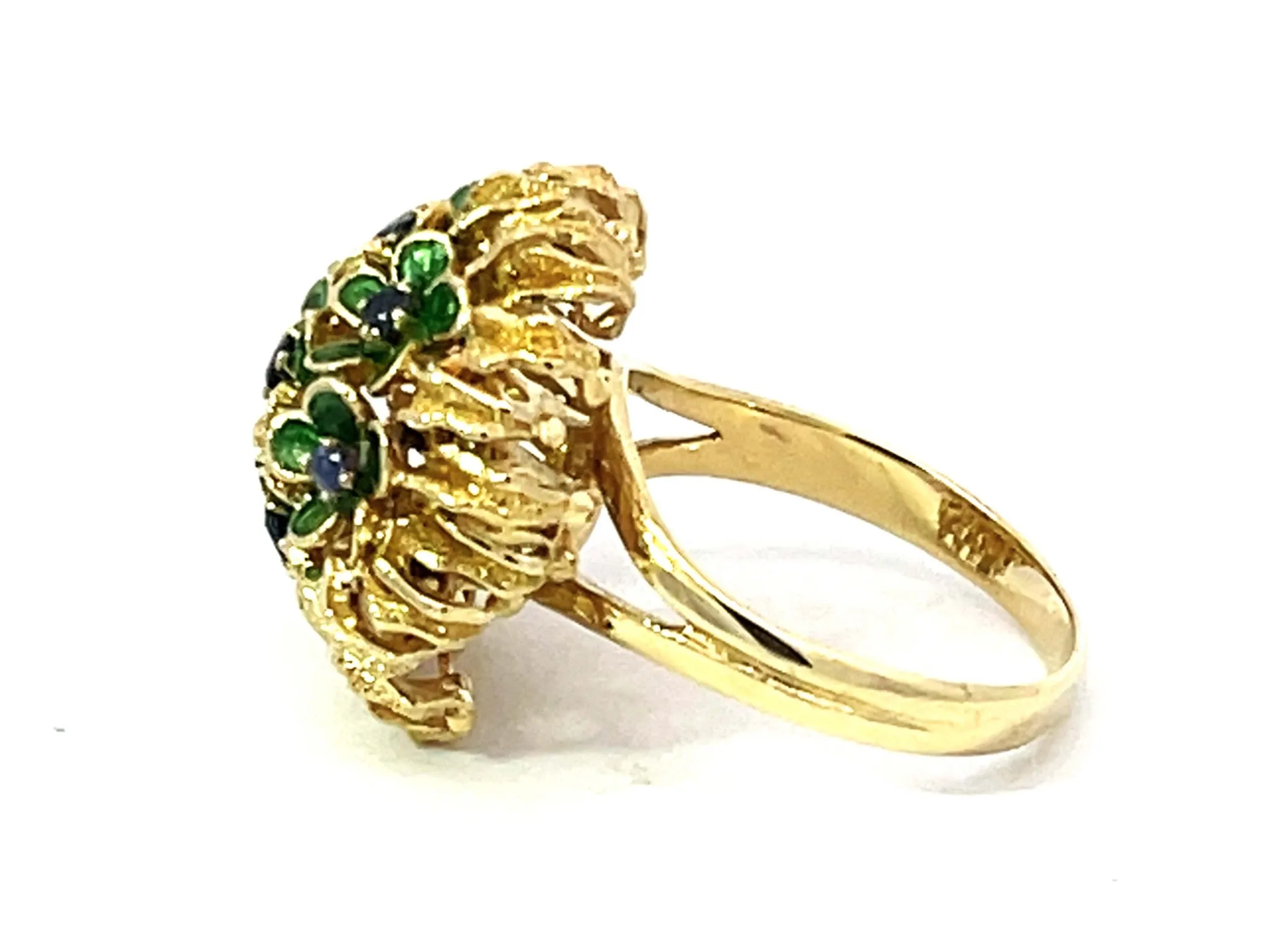Sapphire Green Enamel Flowers Flower Ring Solid 18k Yellow Gold