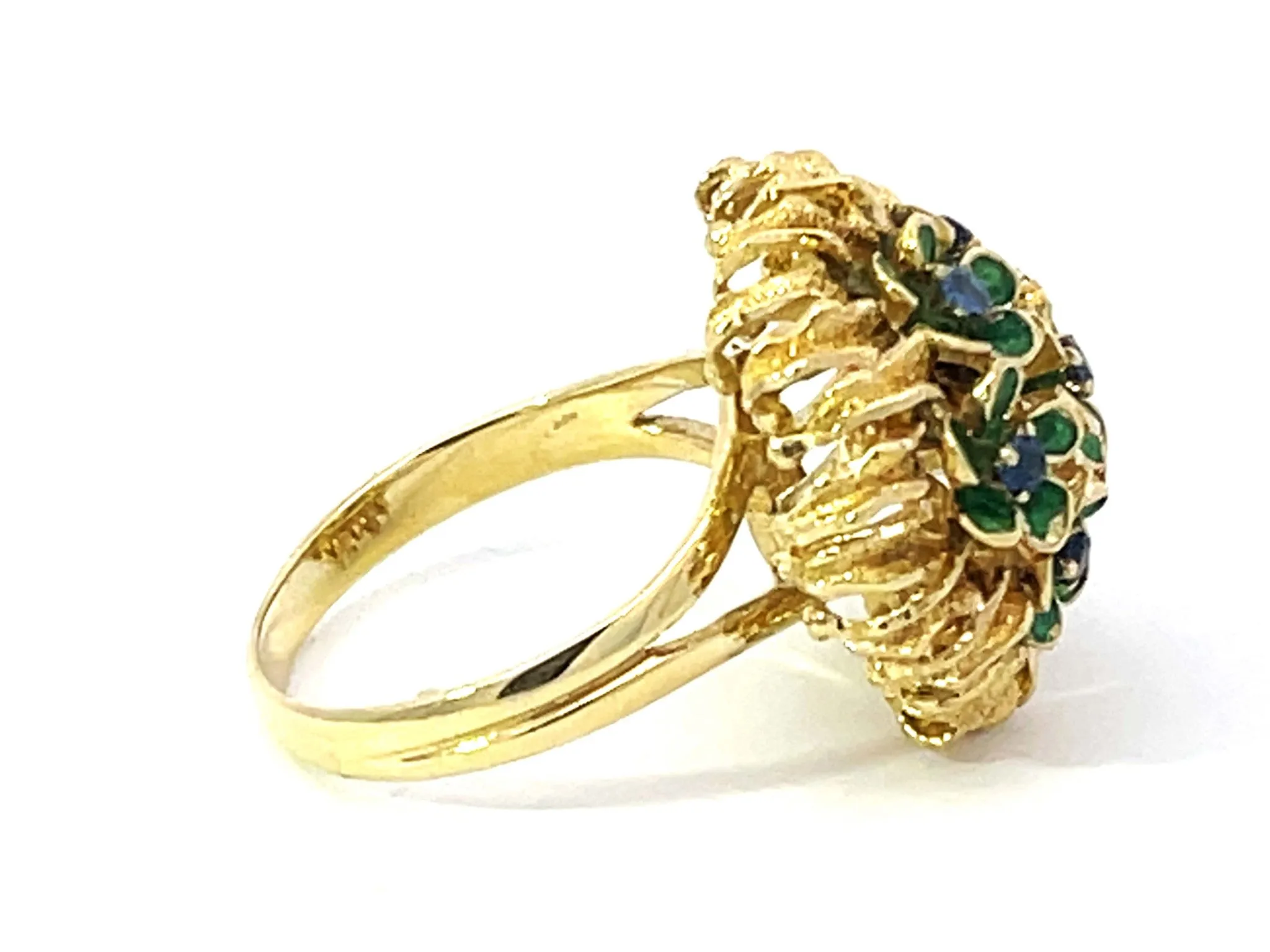Sapphire Green Enamel Flowers Flower Ring Solid 18k Yellow Gold