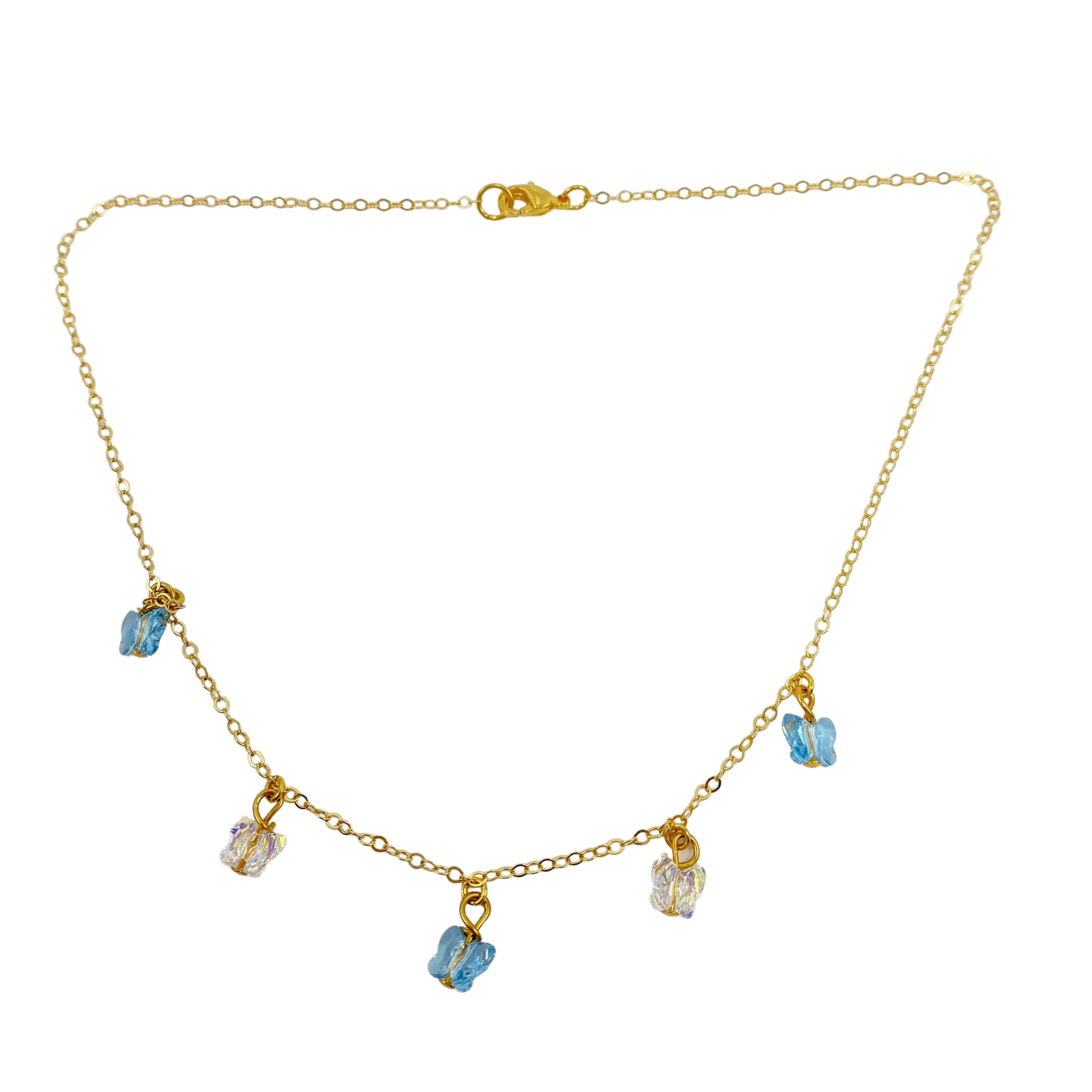 Sea Blue Clear Butterfly Choker 14K Gold Necklace
