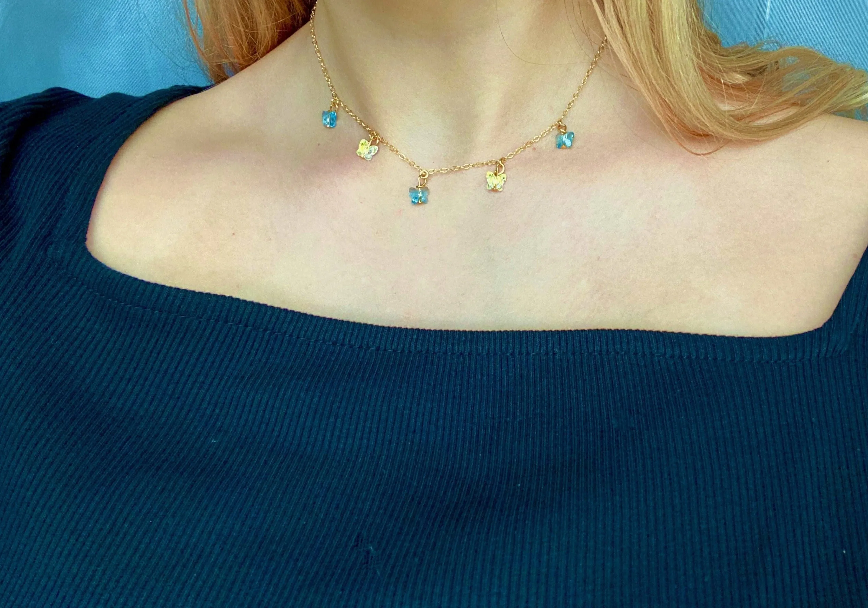 Sea Blue Clear Butterfly Choker 14K Gold Necklace