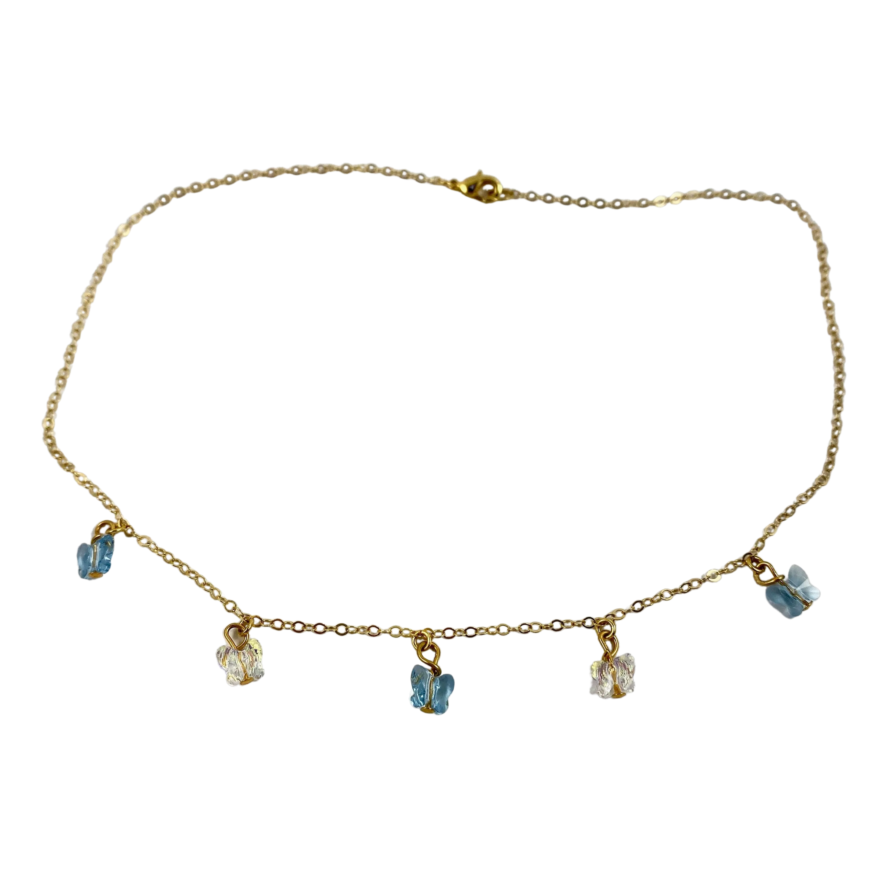 Sea Blue Clear Butterfly Choker 14K Gold Necklace
