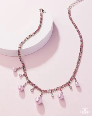 Shimmery Safeguard - Pink - and Iridescent Rhinestone and Pearl Paparazzi Short Necklace