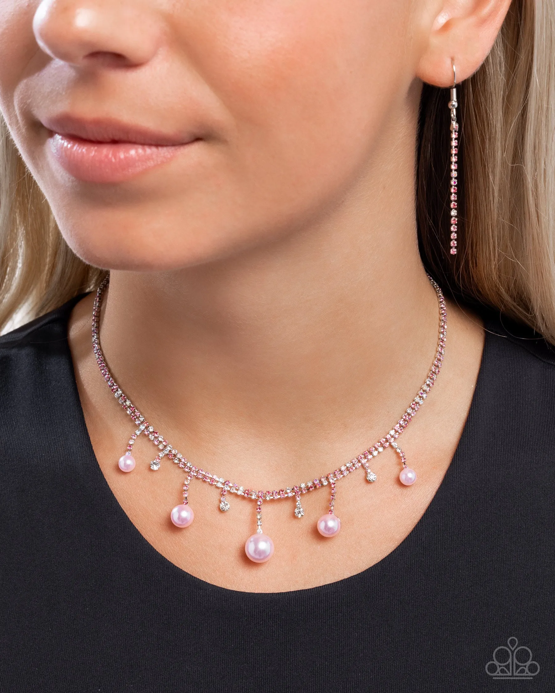 Shimmery Safeguard - Pink - and Iridescent Rhinestone and Pearl Paparazzi Short Necklace