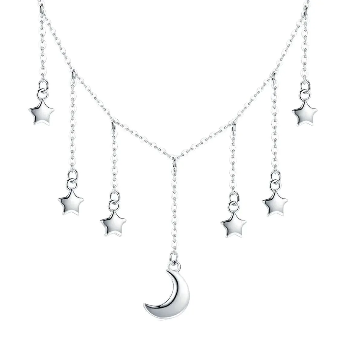 Silver Choker Necklace | Star & Moon Dangling Charms |