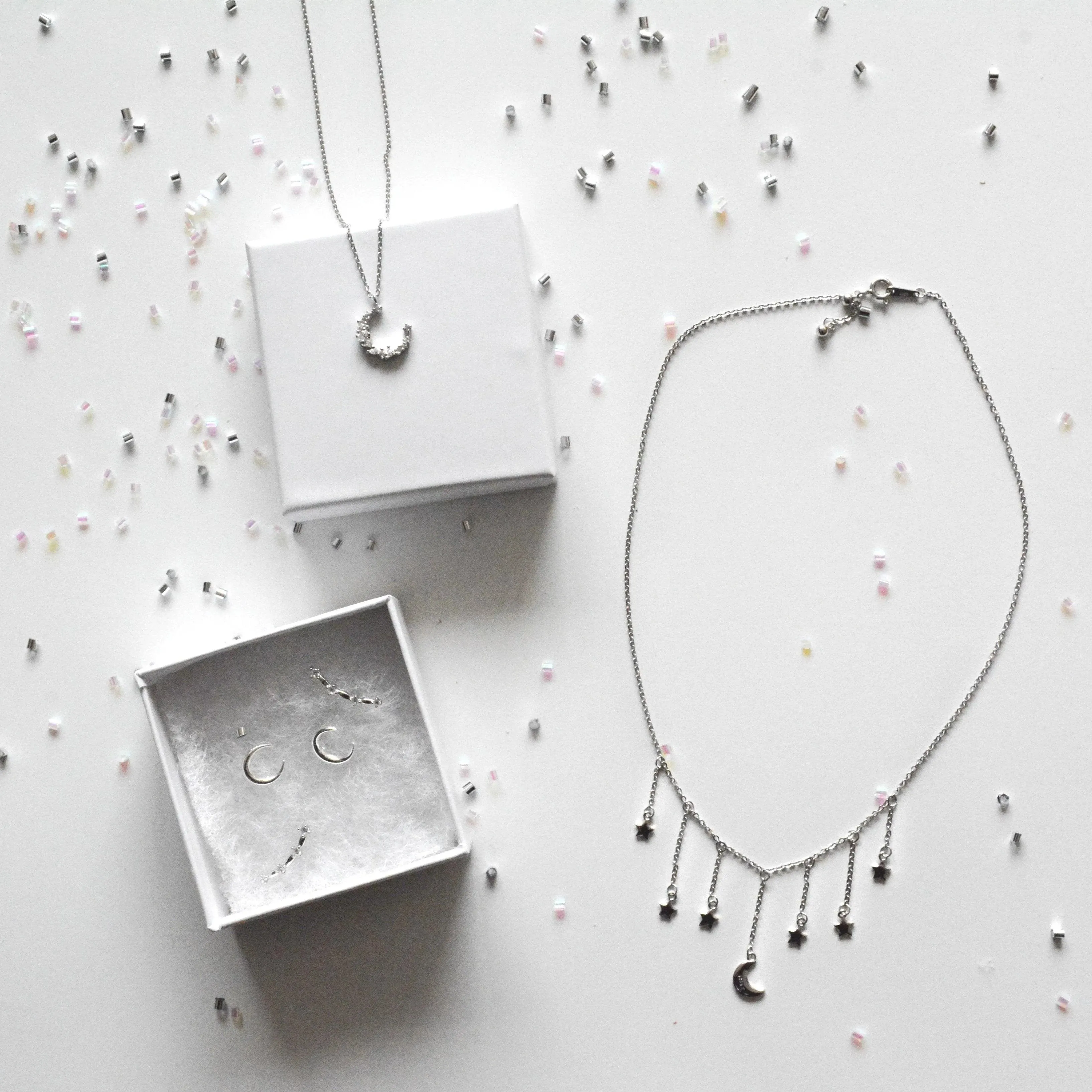 Silver Choker Necklace | Star & Moon Dangling Charms |