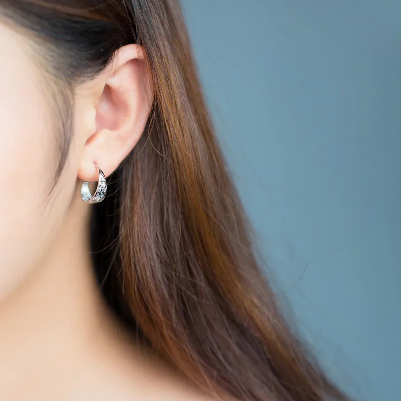 Silver Diamond Cut Wide Hoop Earrings-SH068