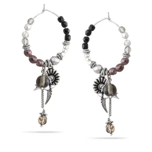 SILVER FLOWER AND BIRDS BEADS HOOP EARRINGS #215BK3701 (1C5)
