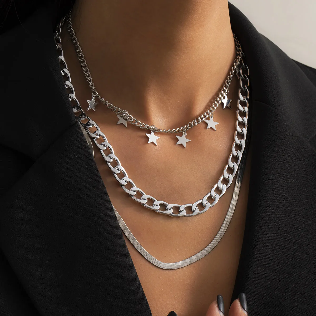 Silver-Plated Star Station Choker Necklace Set