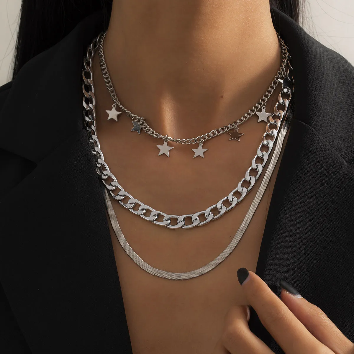 Silver-Plated Star Station Choker Necklace Set