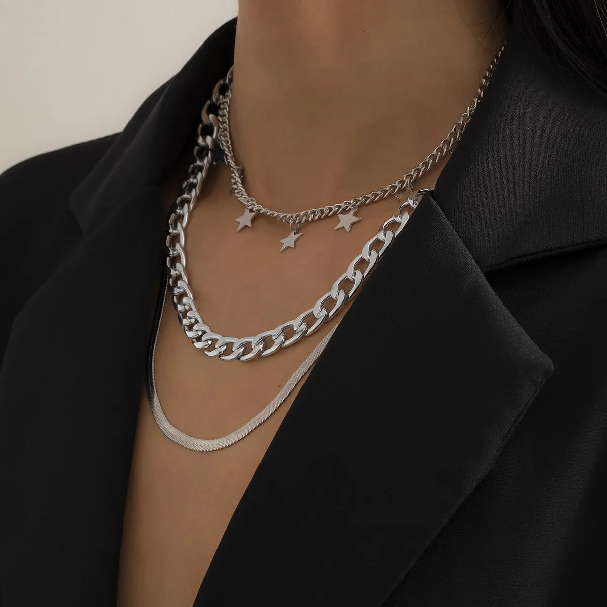 Silver-Plated Star Station Choker Necklace Set