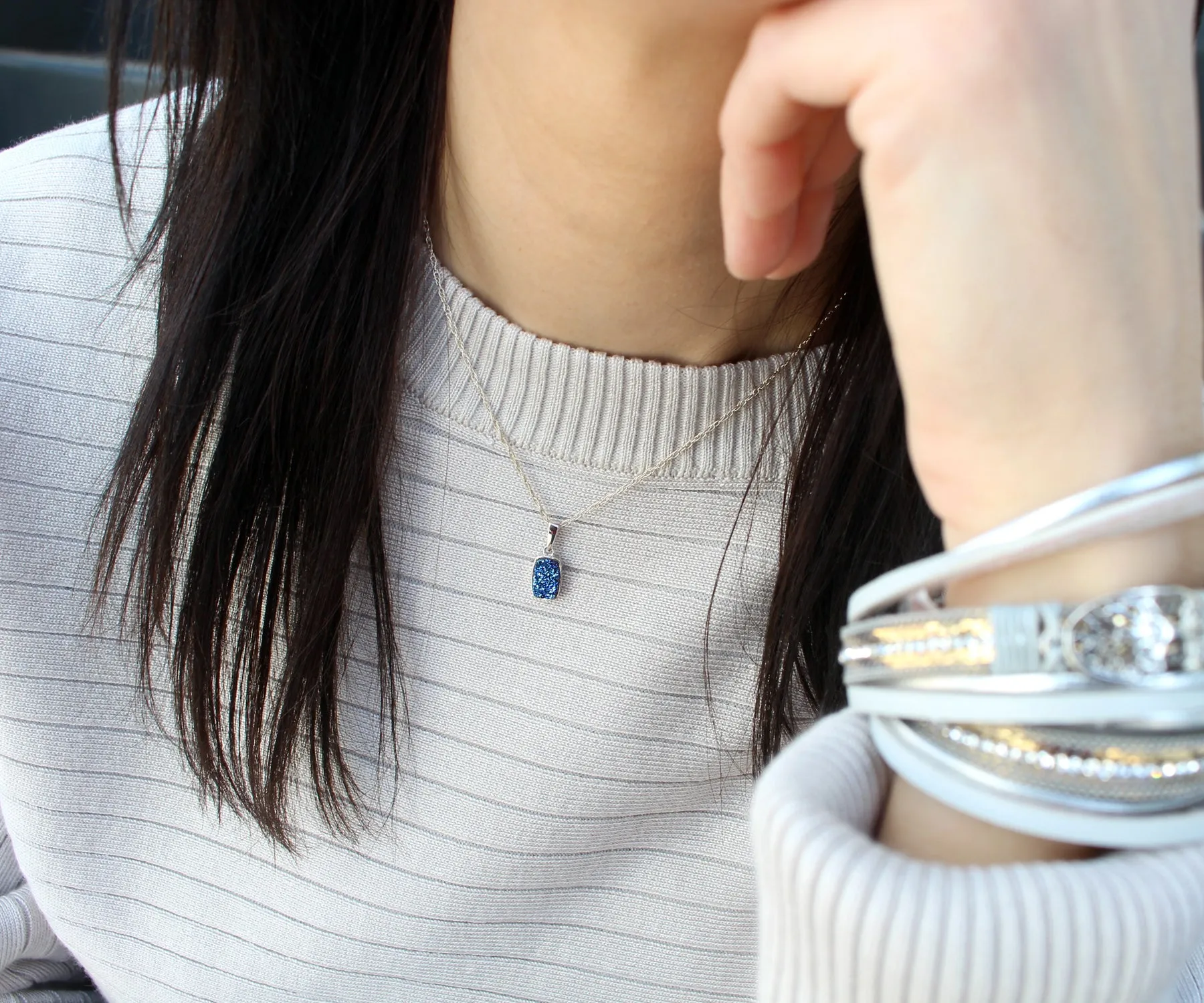 Small Rectangle Purple Rainbow Druzy 14k Vermeil Necklace