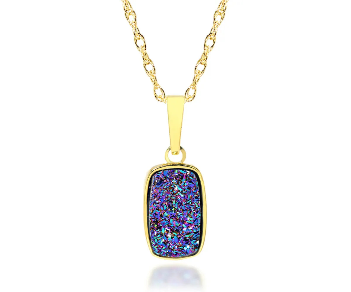 Small Rectangle Purple Rainbow Druzy 14k Vermeil Necklace
