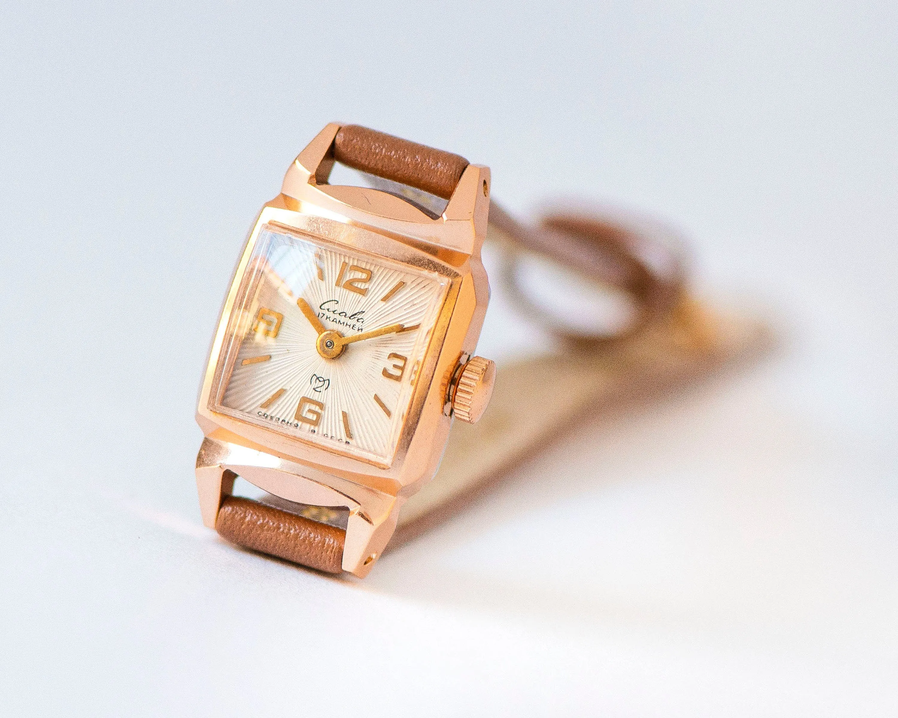 Small women watch unused rare Glory square gold shade, art deco women watch vintage gift, lady watch sunburst dial, new genuine leather band