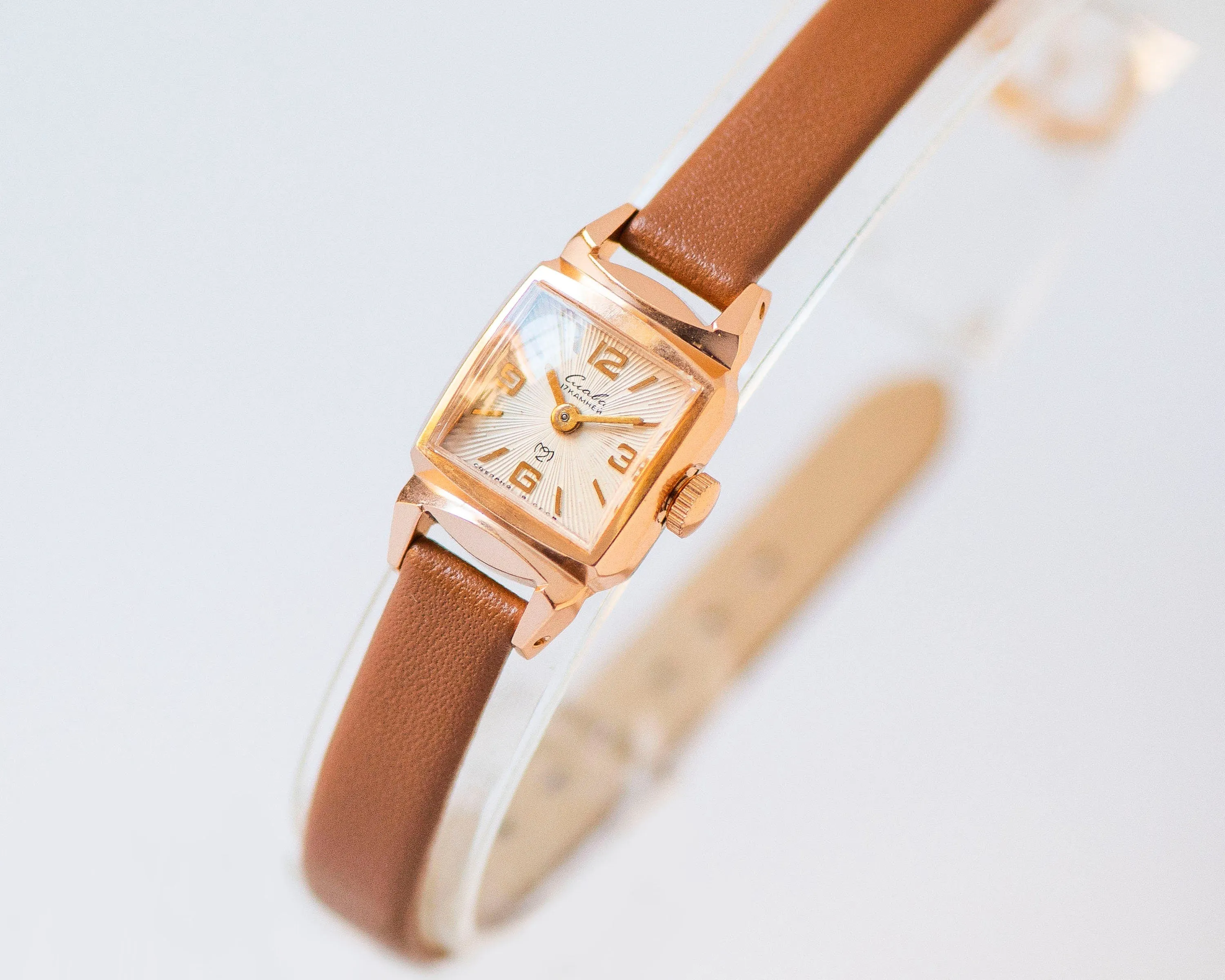 Small women watch unused rare Glory square gold shade, art deco women watch vintage gift, lady watch sunburst dial, new genuine leather band