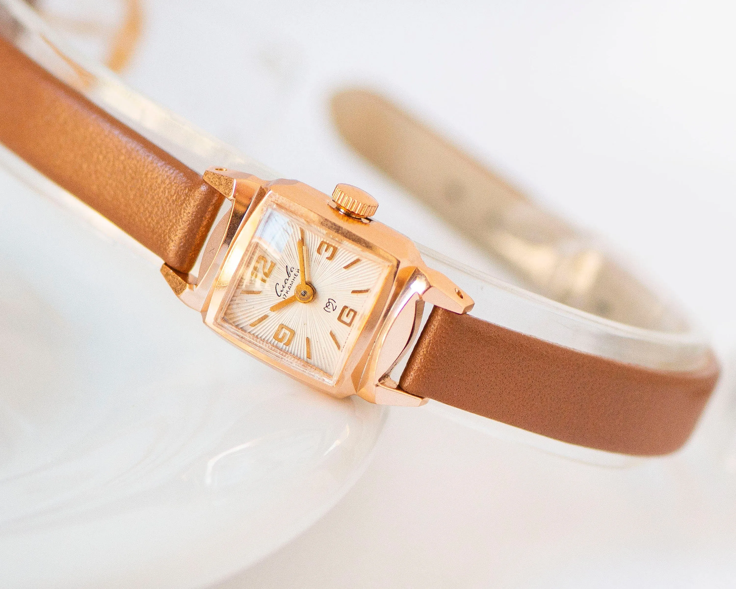 Small women watch unused rare Glory square gold shade, art deco women watch vintage gift, lady watch sunburst dial, new genuine leather band