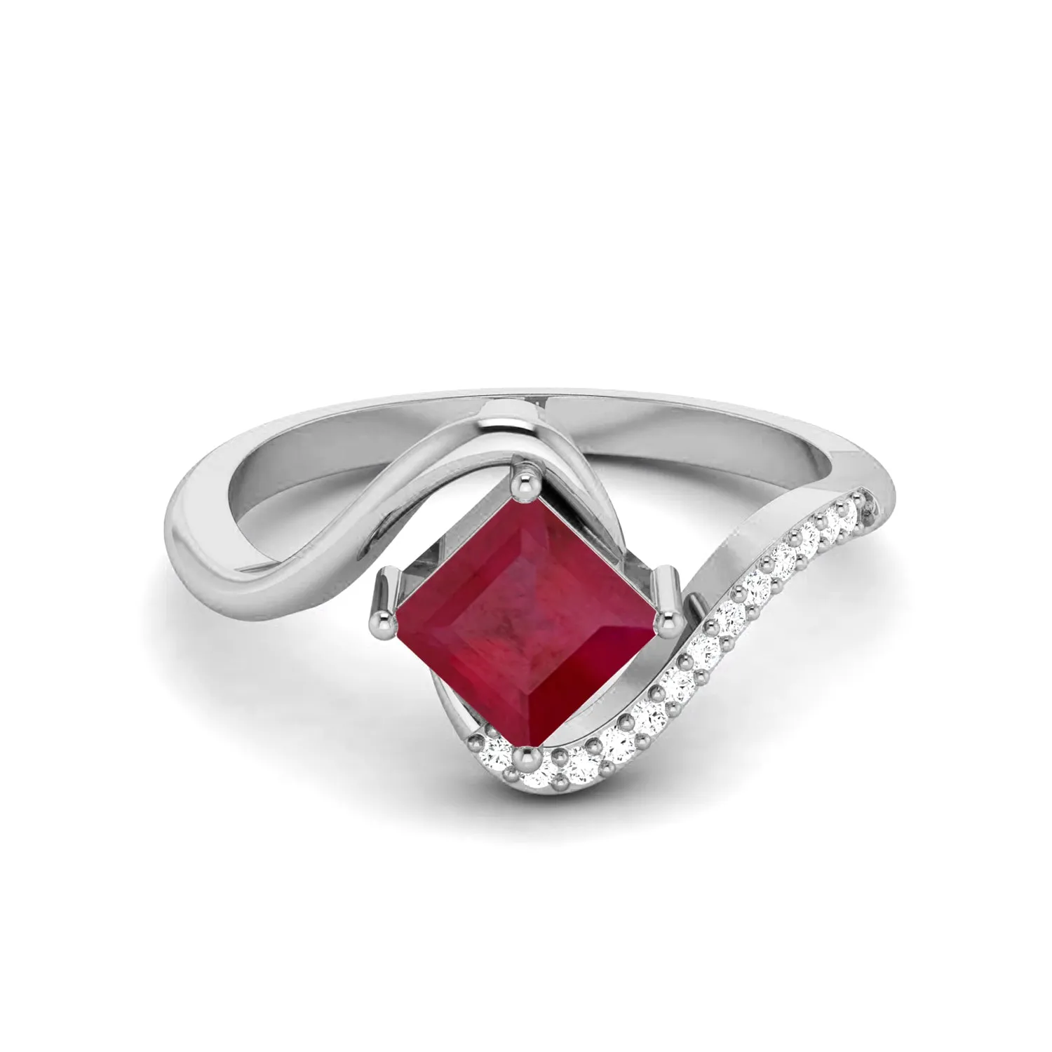 Solitaire 5 MM Square Ruby 925 Sterling Silver White Accents Wedding Ring