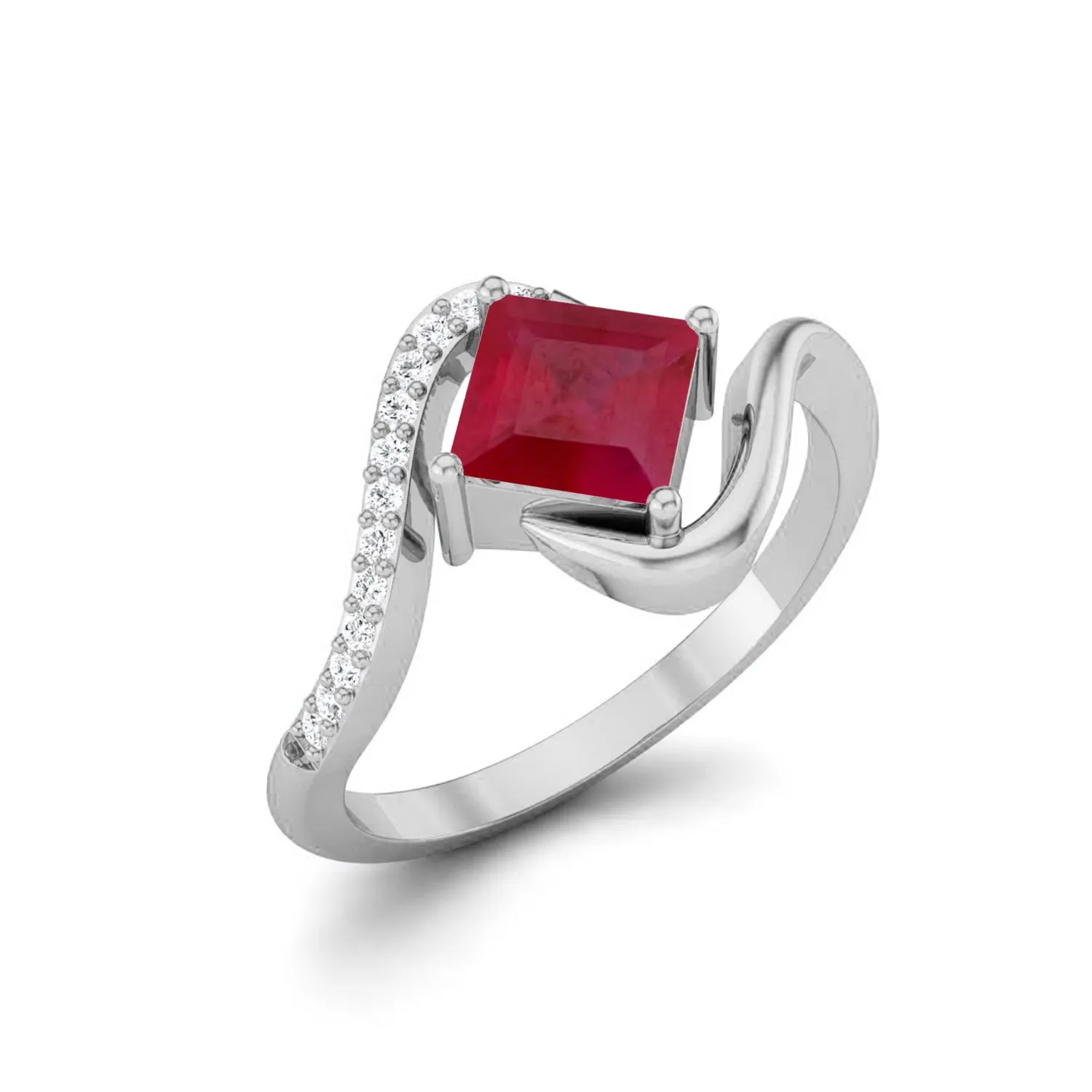Solitaire 5 MM Square Ruby 925 Sterling Silver White Accents Wedding Ring