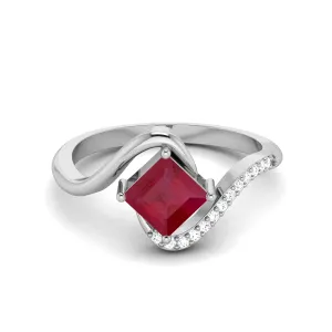 Solitaire 5 MM Square Ruby 925 Sterling Silver White Accents Wedding Ring