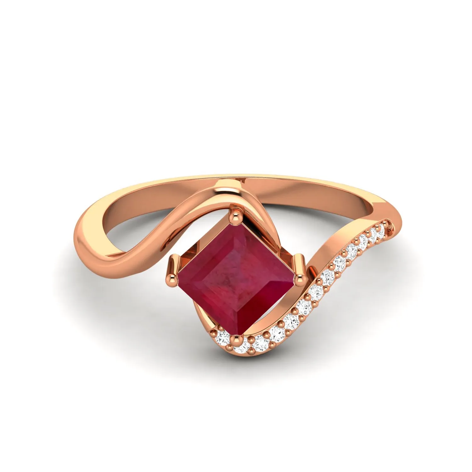 Solitaire 5 MM Square Ruby 925 Sterling Silver White Accents Wedding Ring