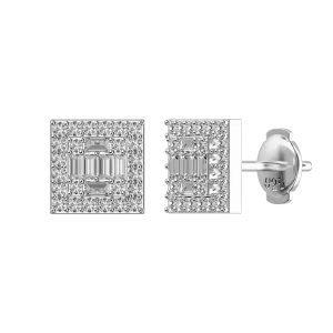 Square Baguette Mix Halo Stud Earrings - Pair