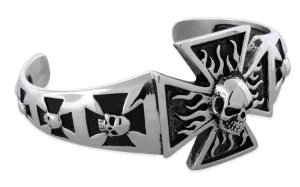 Stainless Steel Iron Cross Flaming Skull Bangle Bracelet