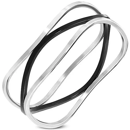 Stainless Steel Silver-Tone Black Statement Bangle Bracelet