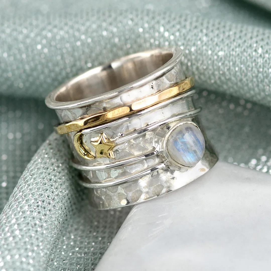 Star Moon and Moonstone Fidget Ring Sterling Silver