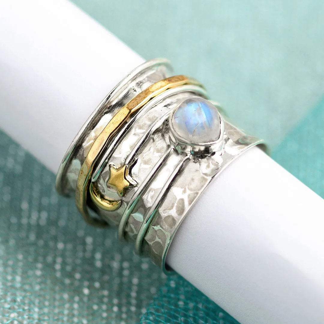 Star Moon and Moonstone Fidget Ring Sterling Silver