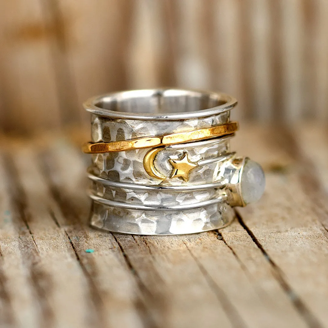 Star Moon and Moonstone Fidget Ring Sterling Silver