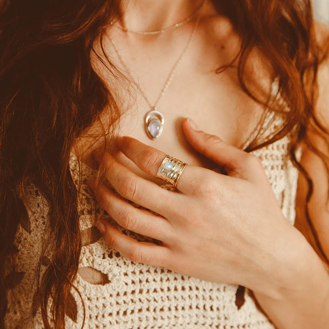 Star Moon and Moonstone Fidget Ring Sterling Silver