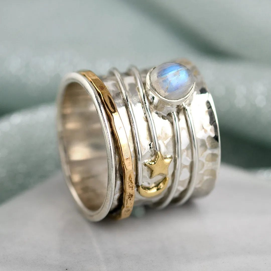 Star Moon and Moonstone Fidget Ring Sterling Silver