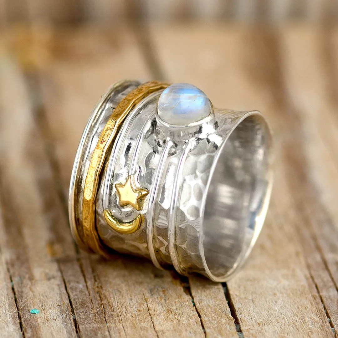 Star Moon and Moonstone Fidget Ring Sterling Silver