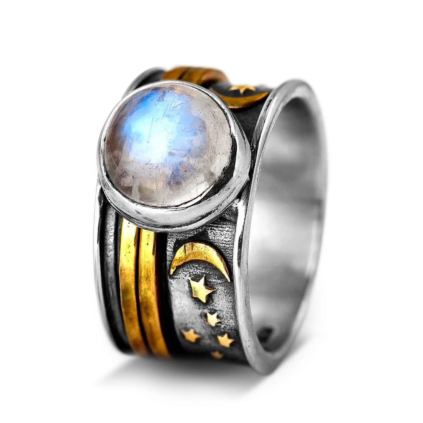 Stars Moon and Moonstone Fidget Ring Sterling Silver