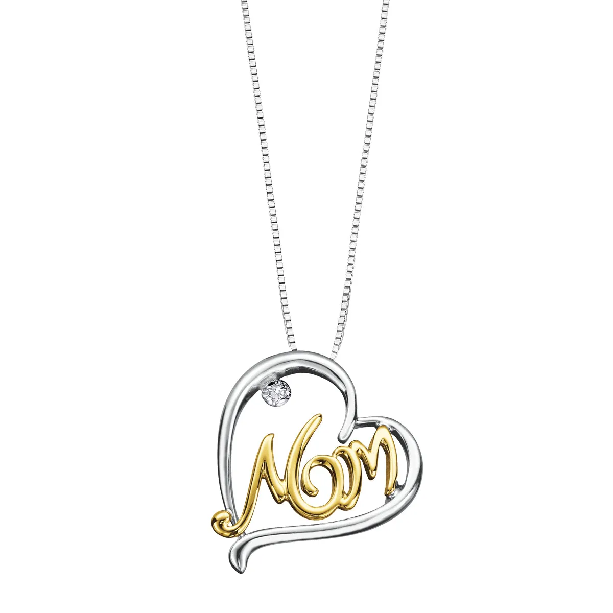 Sterling Silver and 10K Yellow Gold (0.01ct) Diamond "Mom" Pendant