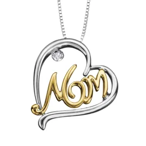 Sterling Silver and 10K Yellow Gold (0.01ct) Diamond "Mom" Pendant