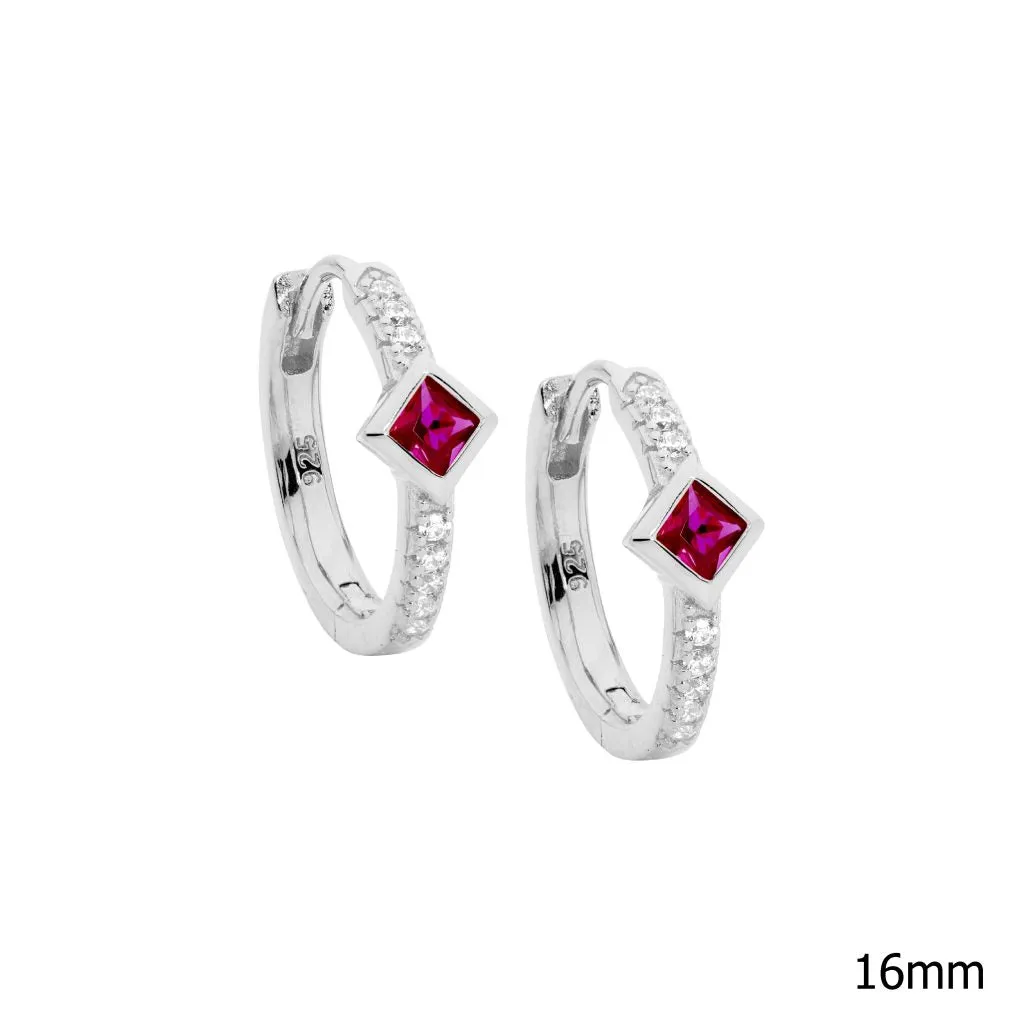 Sterling Silver Hoop Earrings with a Red Princess Cut Cubic Zirconia E600RD