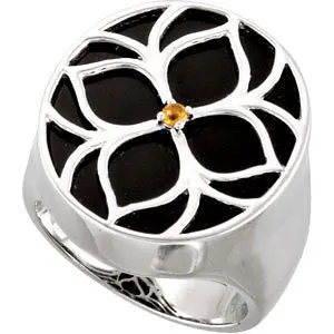 Sterling Silver Onyx & Citrine Floral-Inspired Ring, Size 7