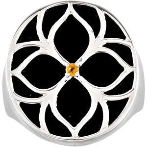 Sterling Silver Onyx & Citrine Floral-Inspired Ring, Size 7