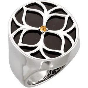 Sterling Silver Onyx & Citrine Floral-Inspired Ring, Size 7