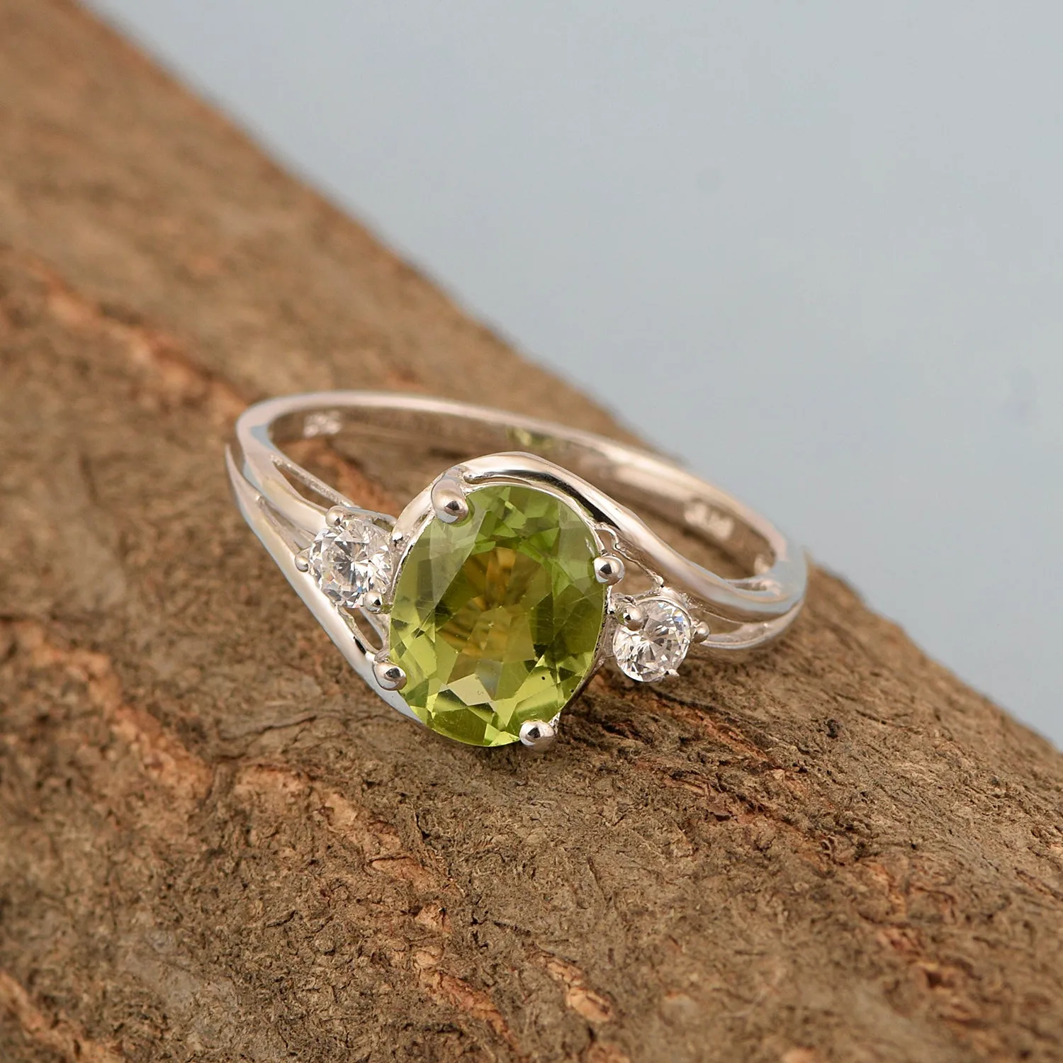 Sterling Silver Oval 2.25 Ctw Peridot with White Topaz Accent Women Rings