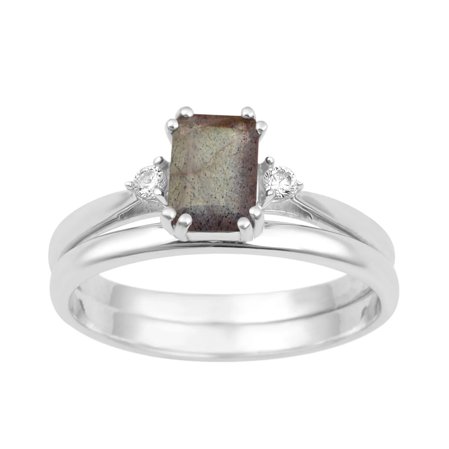 Sterling Silver Radiant Cut 1.20 Ctw Labradorite Dual Band Women Stacking Ring