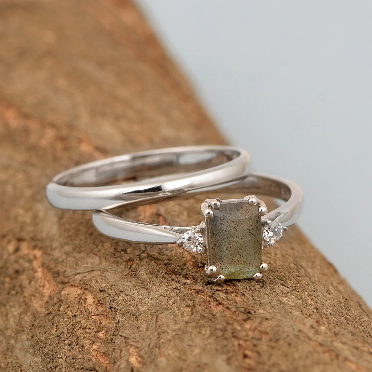 Sterling Silver Radiant Cut 1.20 Ctw Labradorite Dual Band Women Stacking Ring