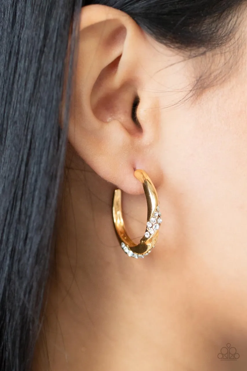 Subliminal Shimmer - Gold - White Rhinestone Paparazzi Hoop Earrings