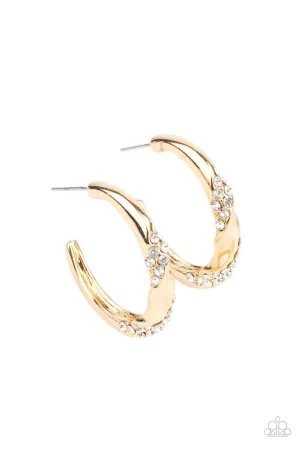 Subliminal Shimmer - Gold - White Rhinestone Paparazzi Hoop Earrings