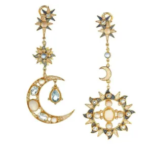 Sun and Moon Earrings in Blue Topaz and Moonstone